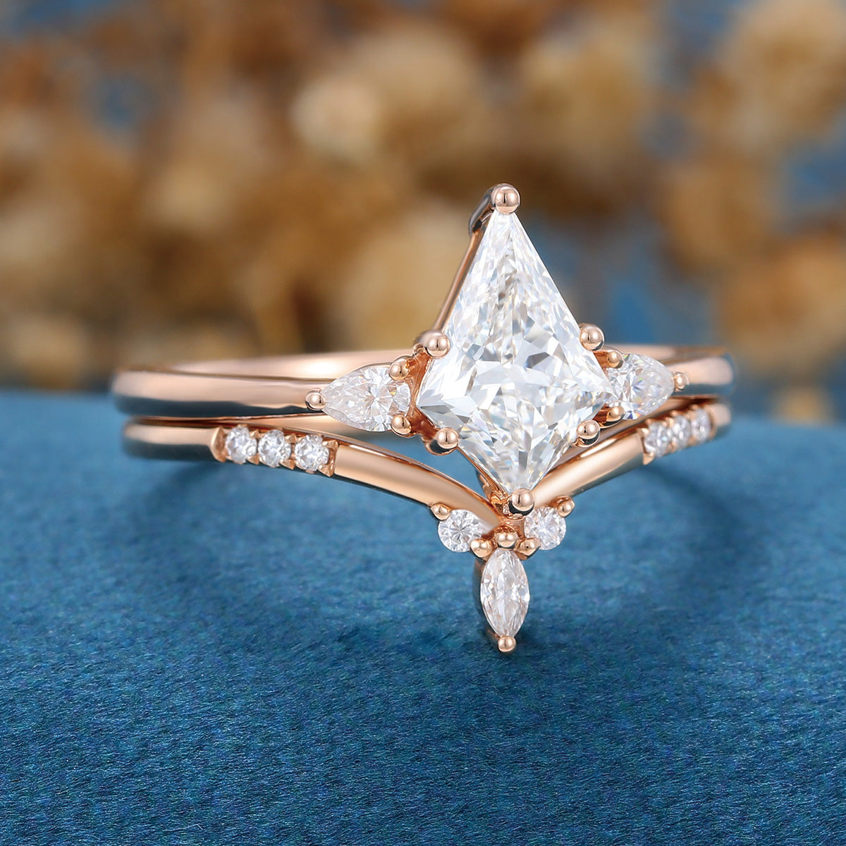 Kite cut Lab-Grown Diamond Rose gold Cluster Diamond Wedding Bridal Set