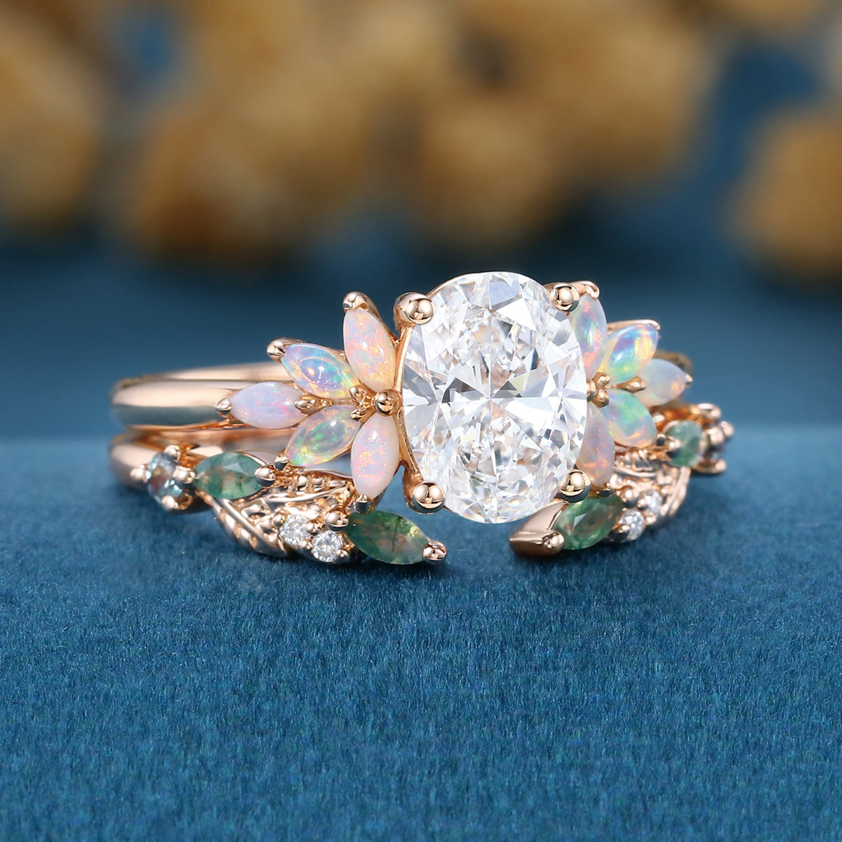 Oval cut Lab-Grown Diamond Engagement ring +Moss agate Wedding Bridal set