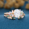 Oval cut Moissanite+ Opal Engagement ring Moss agate Wedding Bridal set