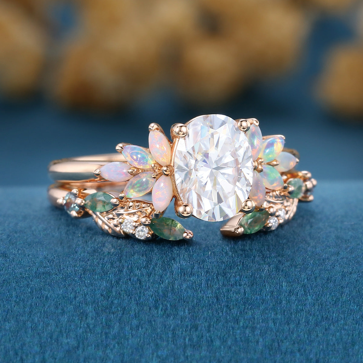 Oval cut Moissanite+ Opal Engagement ring Moss agate Wedding Bridal set