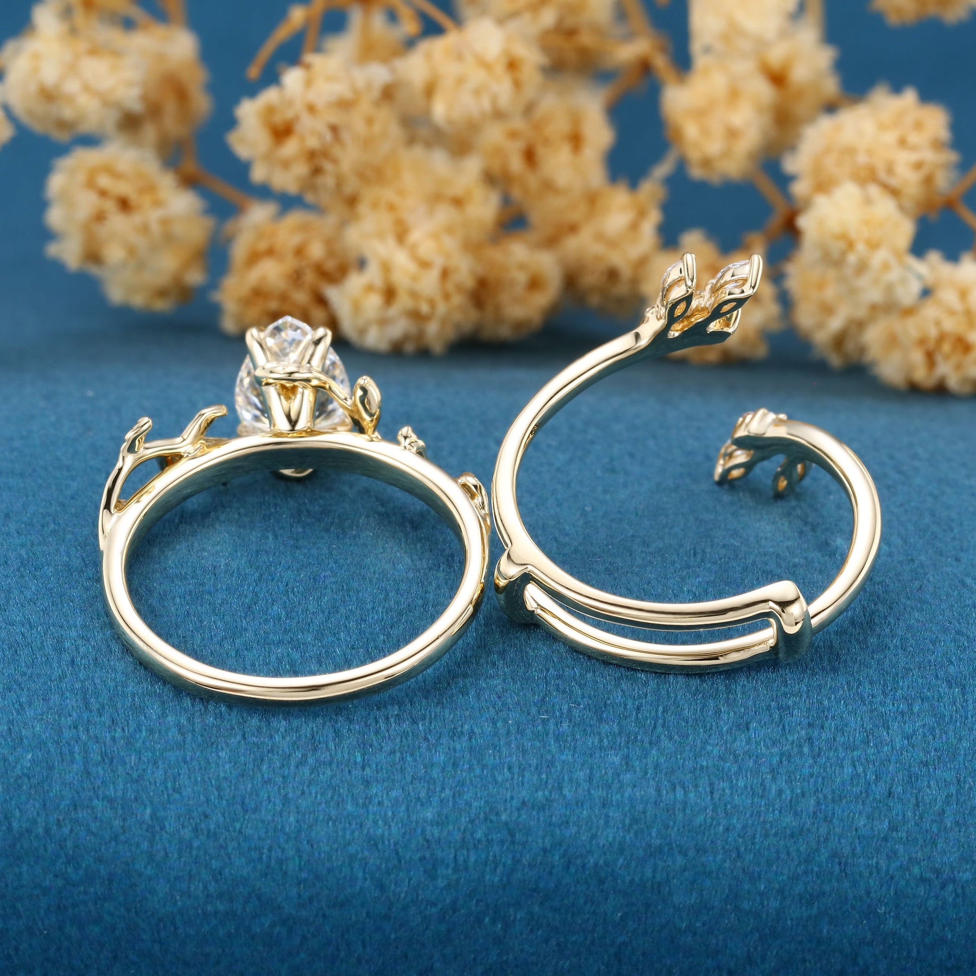 Pear cut Lab-Grown Diamond Leaf Rose Gold Wedding Bridal set