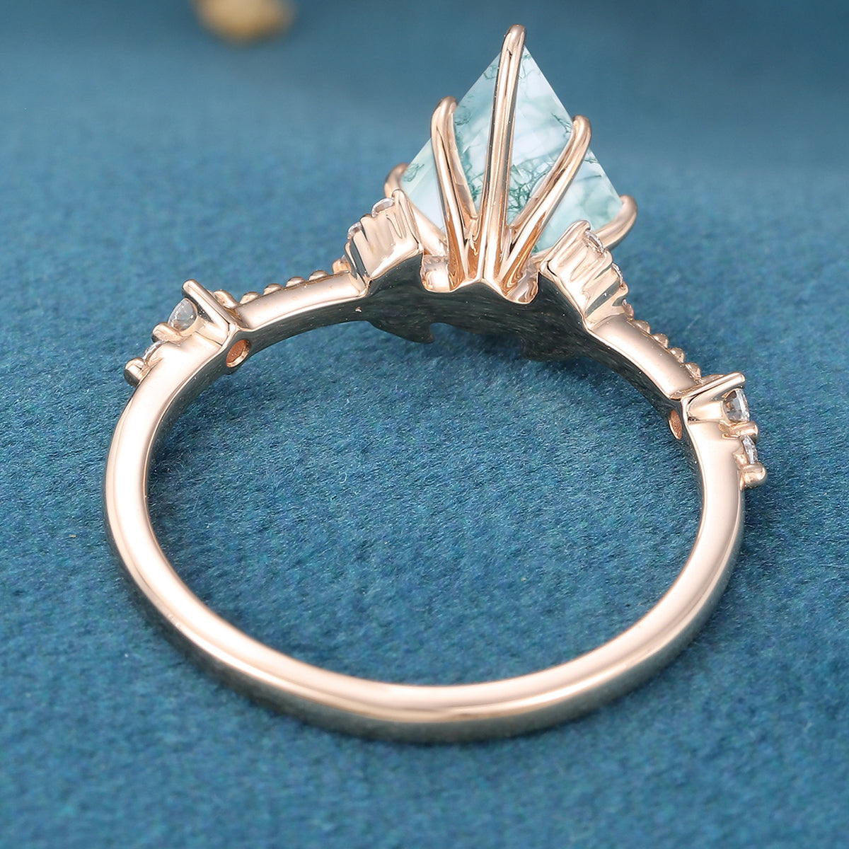 Kite Cut Natural Green Moss Agate Cluster Engagement Ring