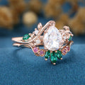 Pear Moissanite Engagement ring + Pink Sapphire | Lab Emerald Curved Wedding bridal set