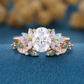 Oval cut Moissanite+ Opal Engagement ring Moss agate Wedding Bridal set