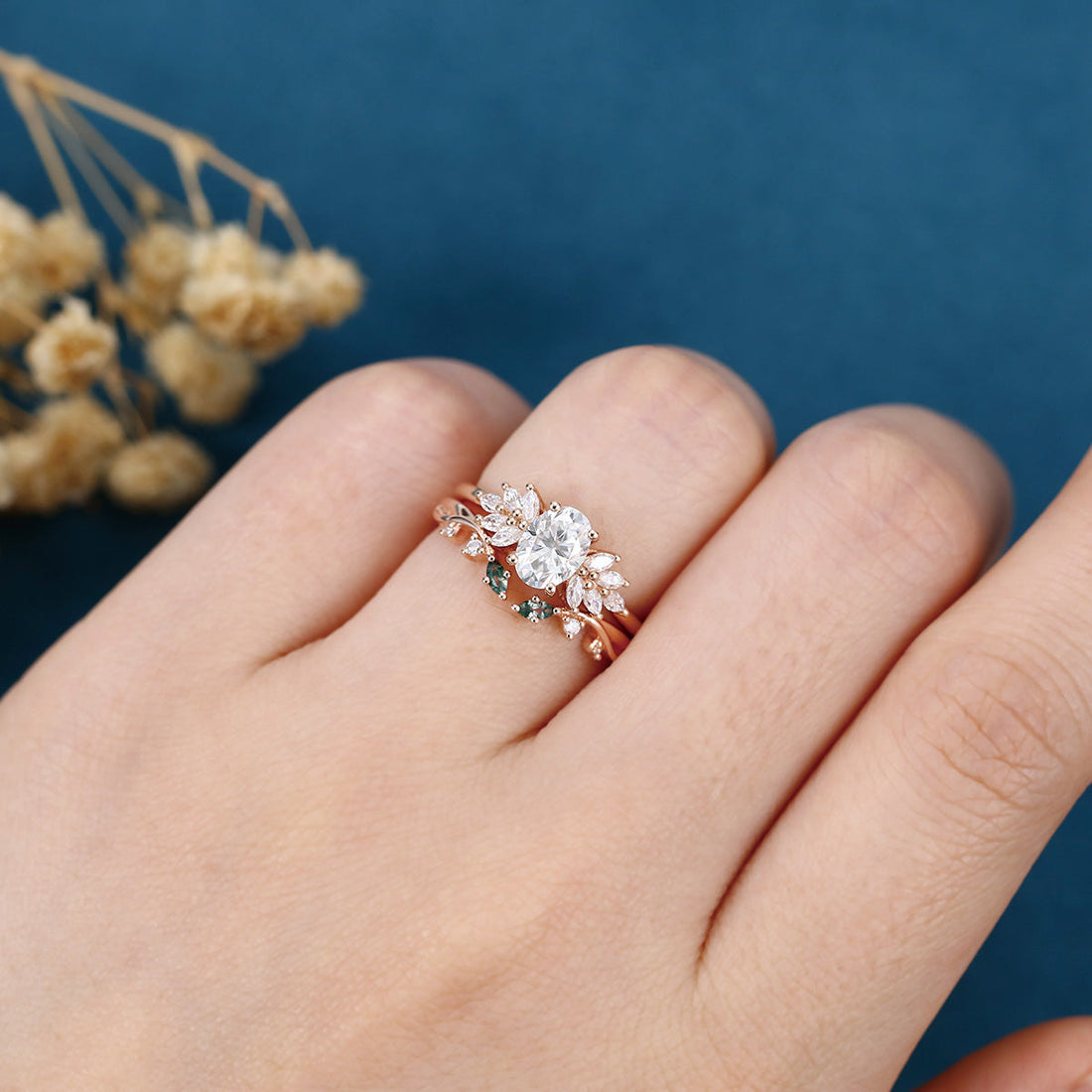 Oval cut 1.0 Carat Lab-Grown Diamond+Moss agate Wedding Bridal set