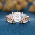 Oval cut Lab-Grown Diamond Engagement ring +Moss agate Wedding Bridal set