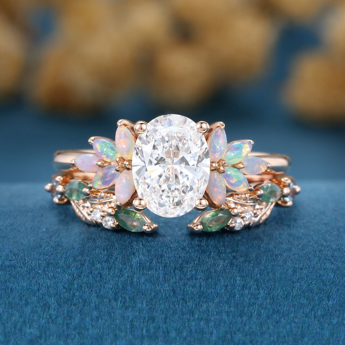 Oval cut Lab-Grown Diamond Engagement ring +Moss agate Wedding Bridal set