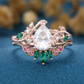 Pear Moissanite Engagement ring + Pink Sapphire | Lab Emerald Curved Wedding bridal set