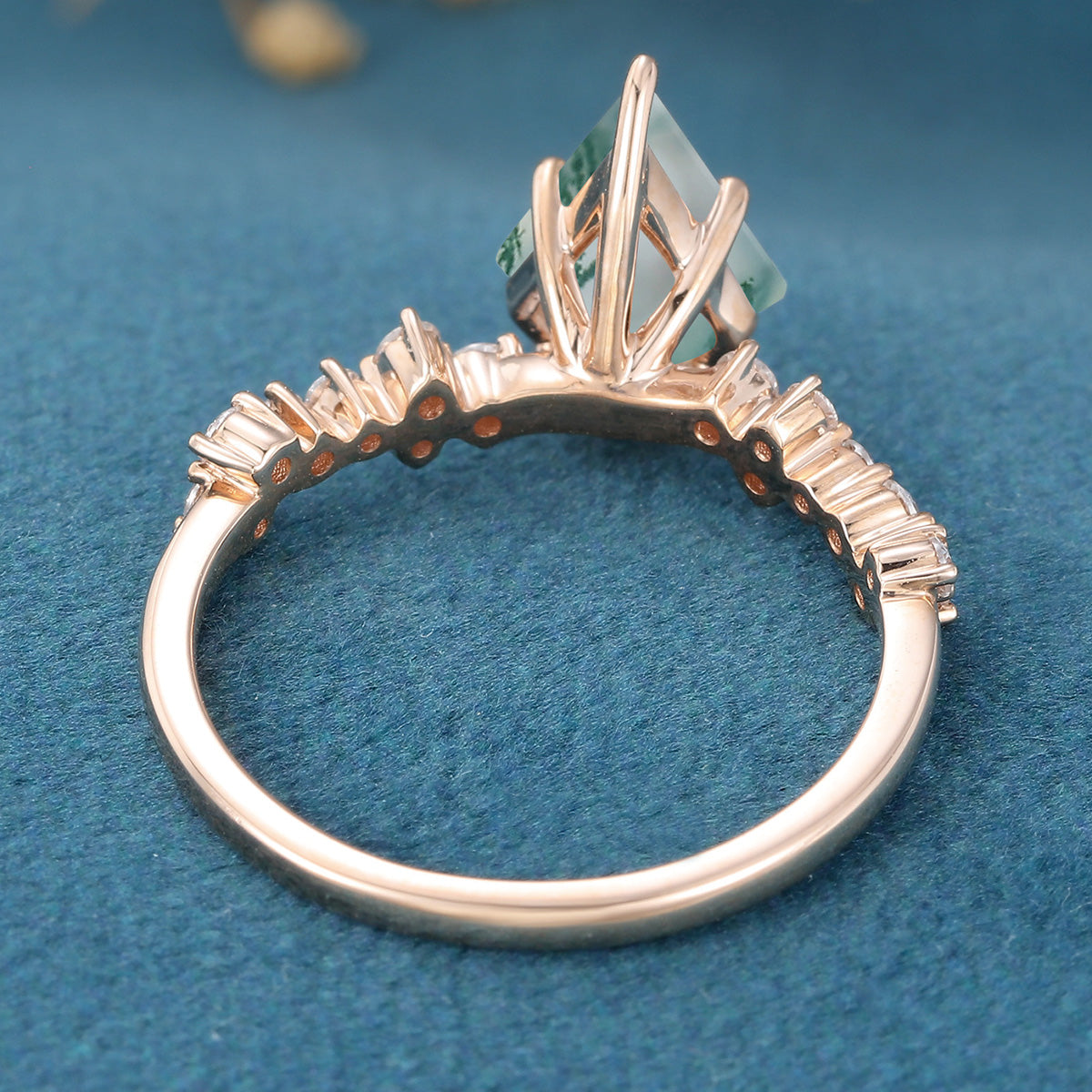 Kite Cut Natural Green Moss Agate Cluster Engagement Ring
