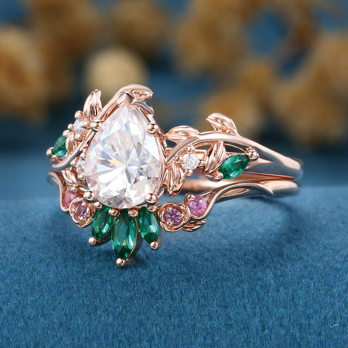 Pear Moissanite Engagement ring + Pink Sapphire | Lab Emerald Curved Wedding bridal set