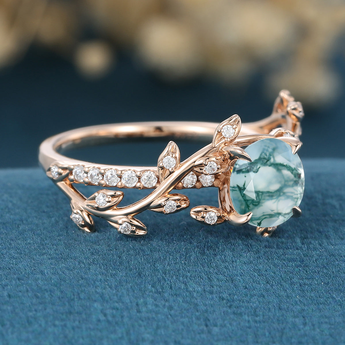 Nature Inspired Round cut Moissanite Leaf Gold Engagement Ring