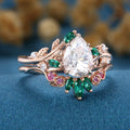 Pear Moissanite Engagement ring + Pink Sapphire | Lab Emerald Curved Wedding bridal set