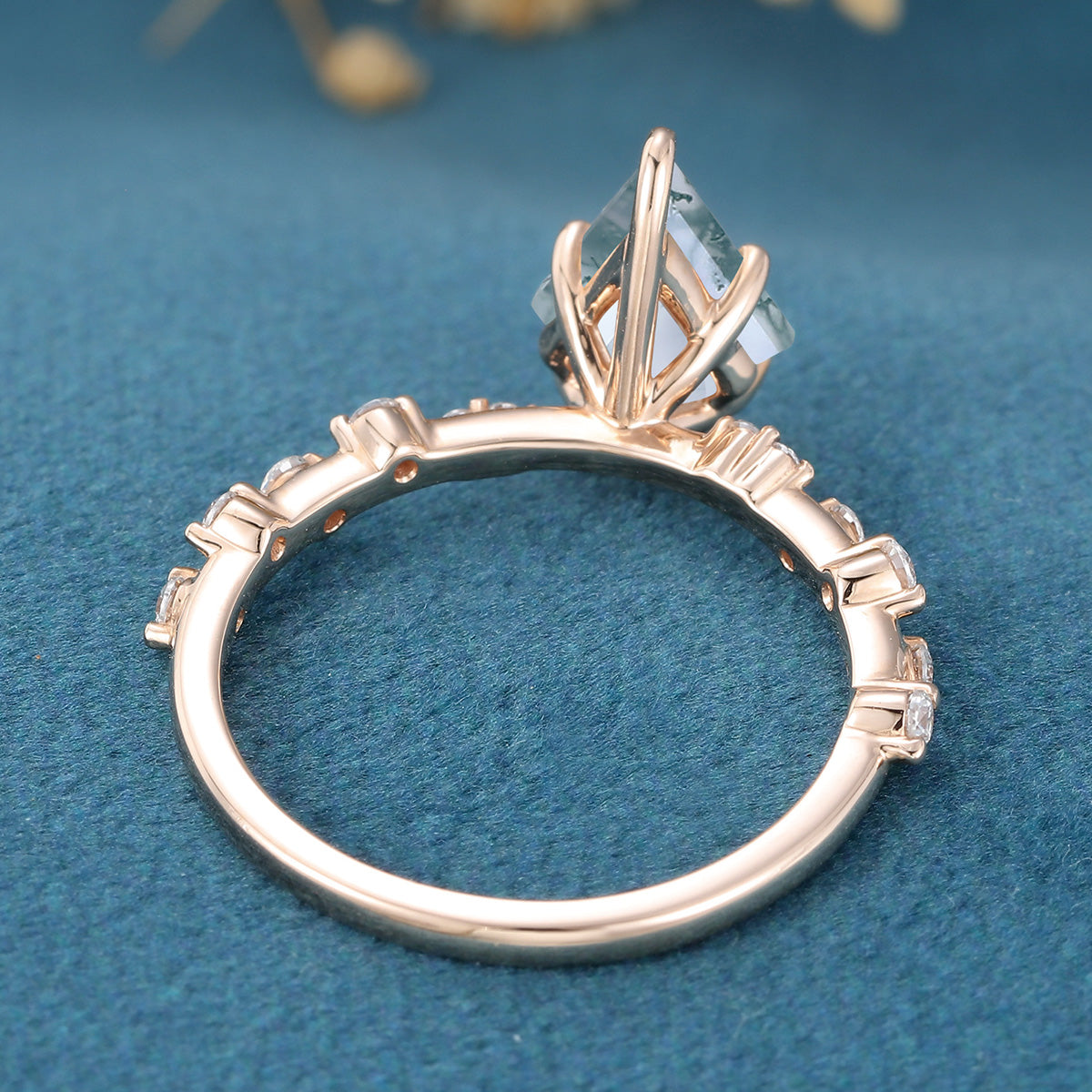 Kite Cut Natural Green Moss Agate Cluster Engagement Ring