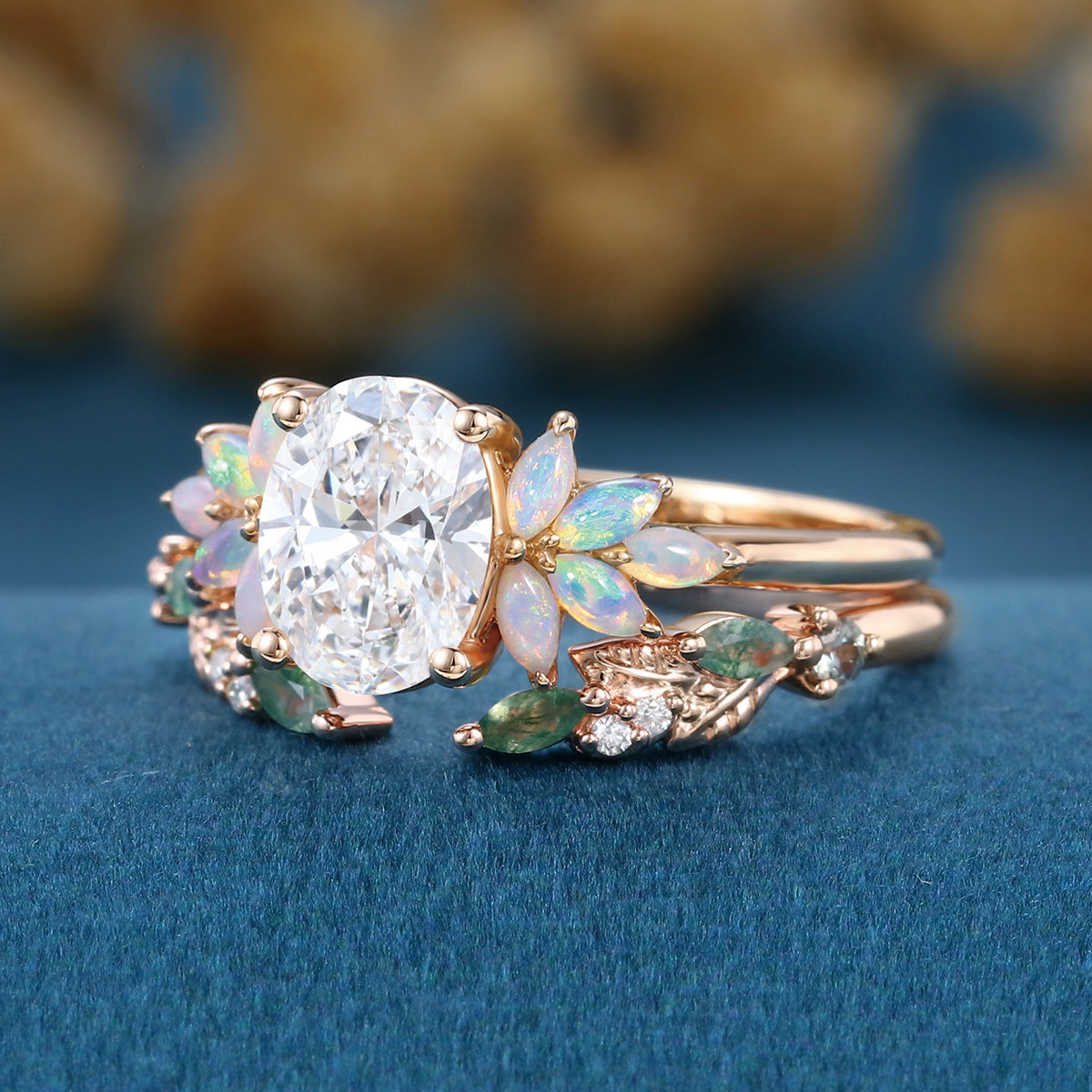 Oval cut Lab-Grown Diamond Engagement ring +Moss agate Wedding Bridal set