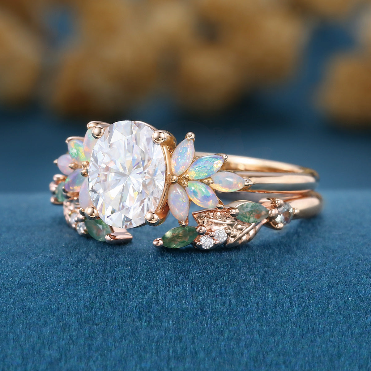 Oval cut Moissanite+ Opal Engagement ring Moss agate Wedding Bridal set