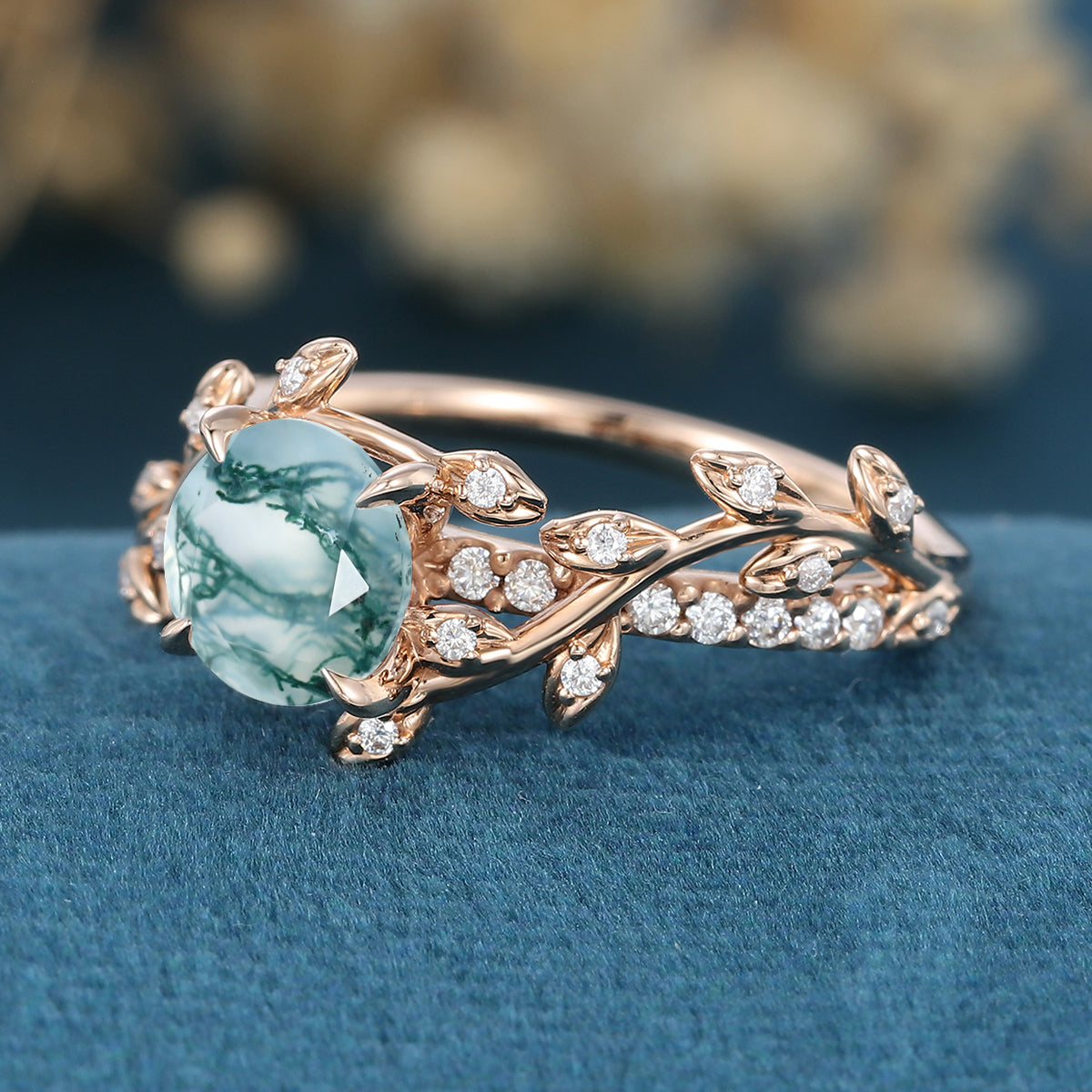 Nature Inspired Round cut Moissanite Leaf Gold Engagement Ring