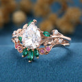 Pear Moissanite Engagement ring + Pink Sapphire | Lab Emerald Curved Wedding bridal set