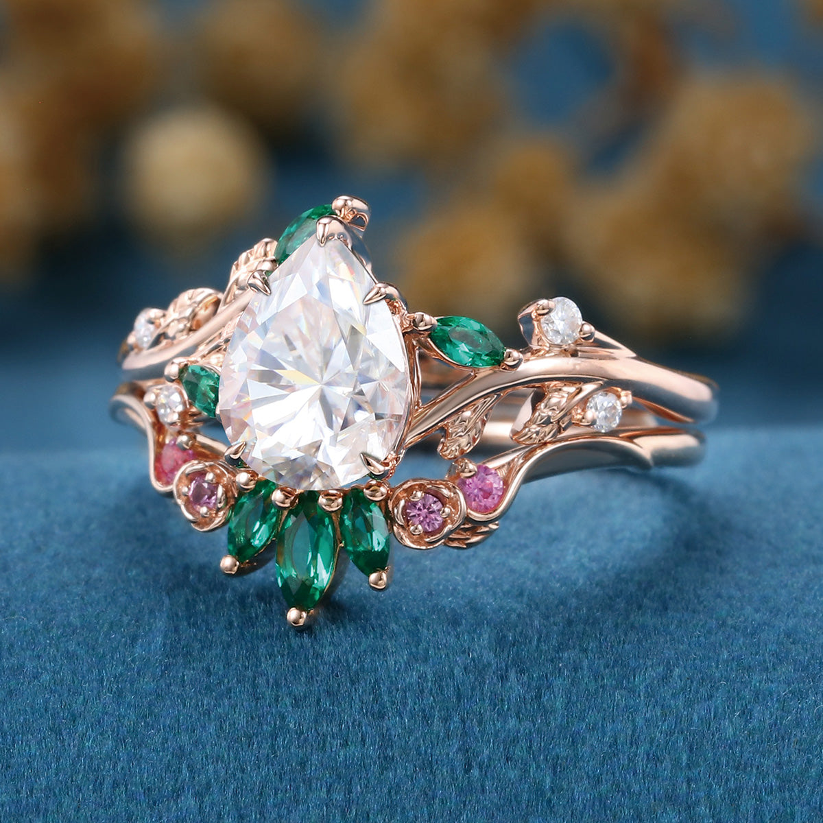 Pear Moissanite Engagement ring + Pink Sapphire | Lab Emerald Curved Wedding bridal set