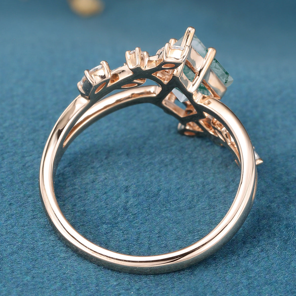 Kite Cut Natural Green Moss Agate Cluster Engagement Ring