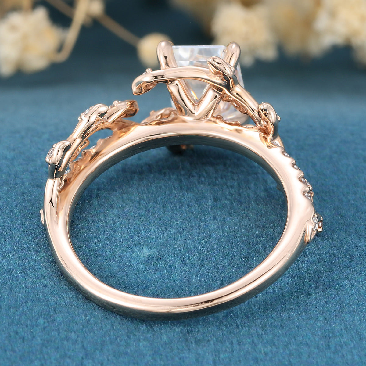 Nature Inspired Emerald cut Moss Agate Leaf Gold Engagement Ring