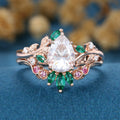 Pear Moissanite Engagement ring + Pink Sapphire | Lab Emerald Curved Wedding bridal set