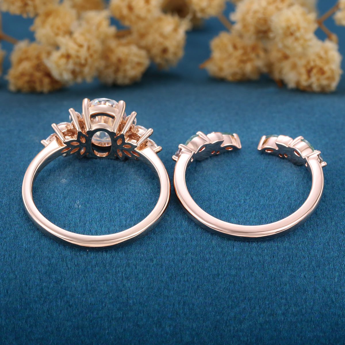 Oval cut Lab-Grown Diamond Engagement ring +Moss agate Wedding Bridal set