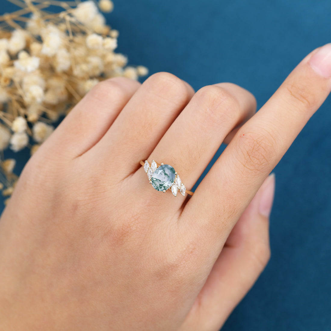 Oval Cut Natural Green Moss Agate Cluster Engagement Ring