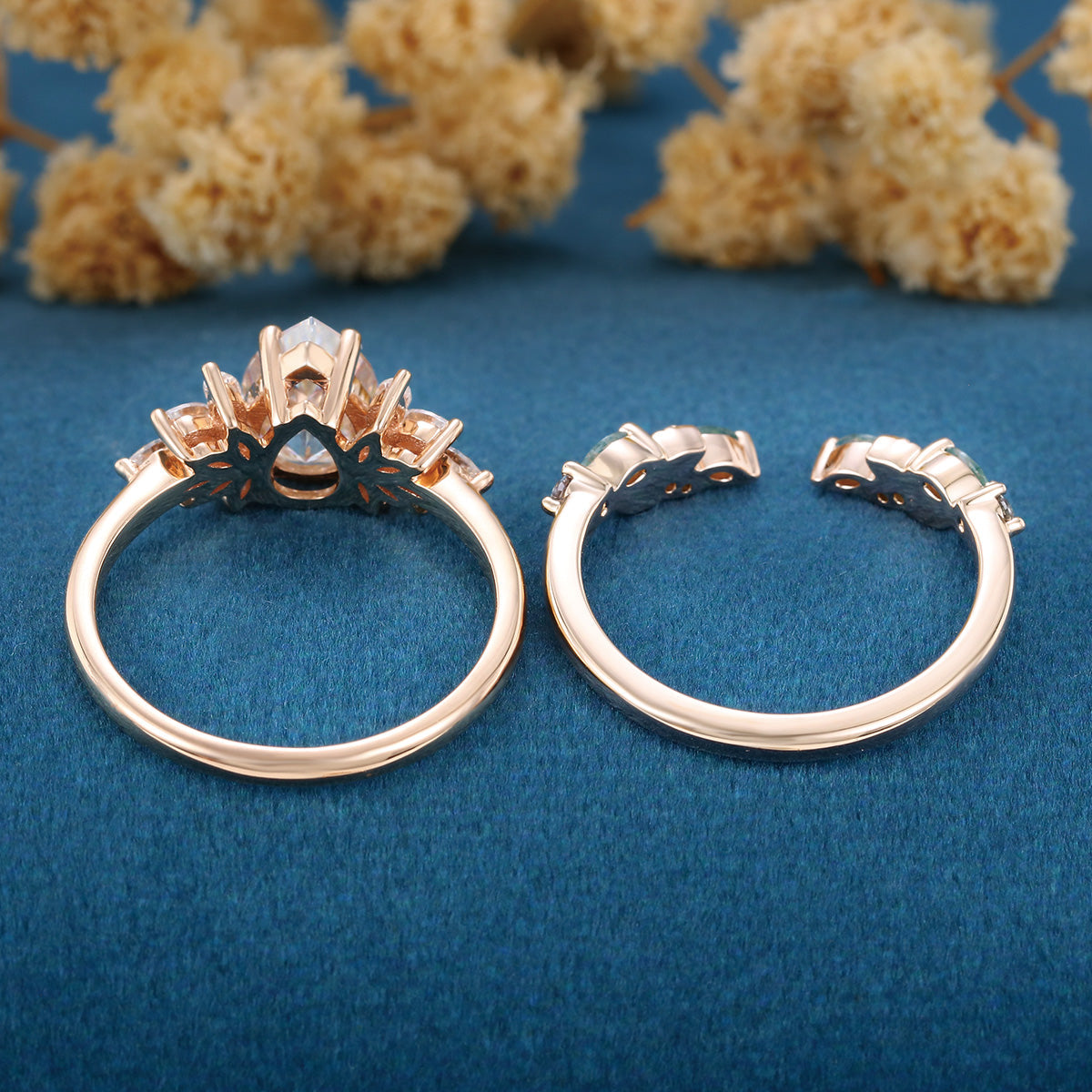 Pear cut Lab-Grown Diamond Engagement ring +Moss agate Wedding Bridal set