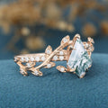 Kite Cut Natural Green Moss Agate Cluster Engagement Ring