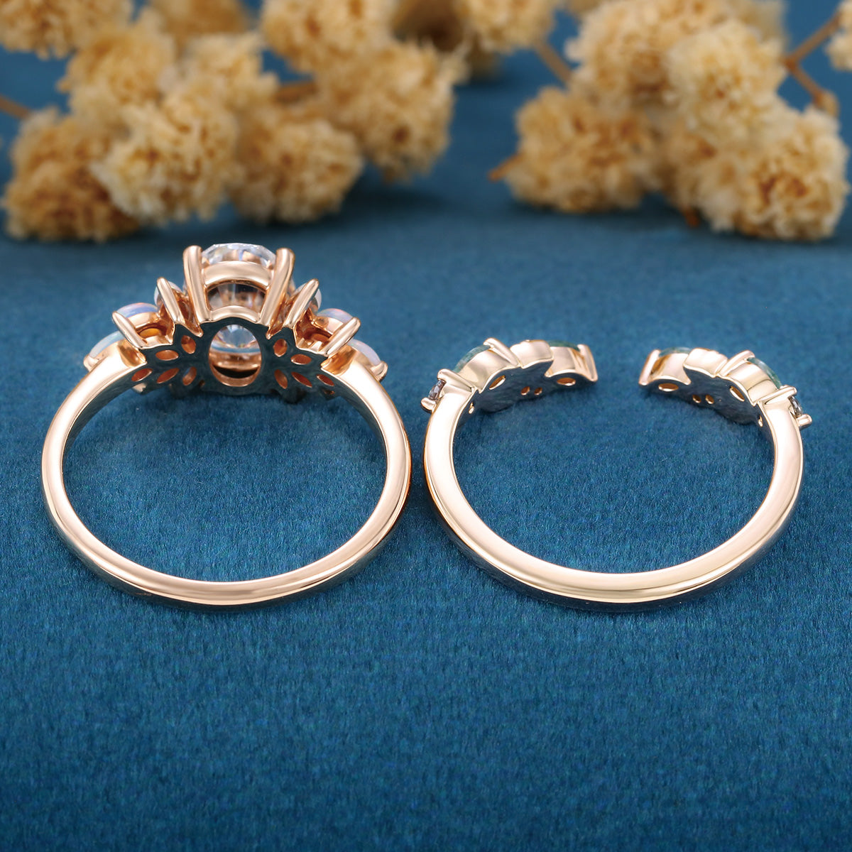 Oval cut Moissanite+ Opal Engagement ring Moss agate Wedding Bridal set