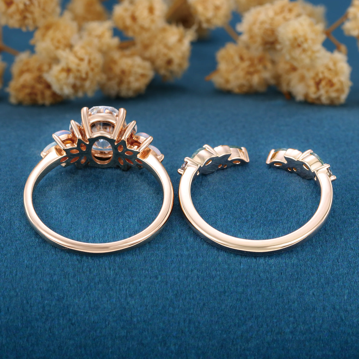 Oval cut Lab-Grown Diamond Engagement ring +Moss agate Wedding Bridal set