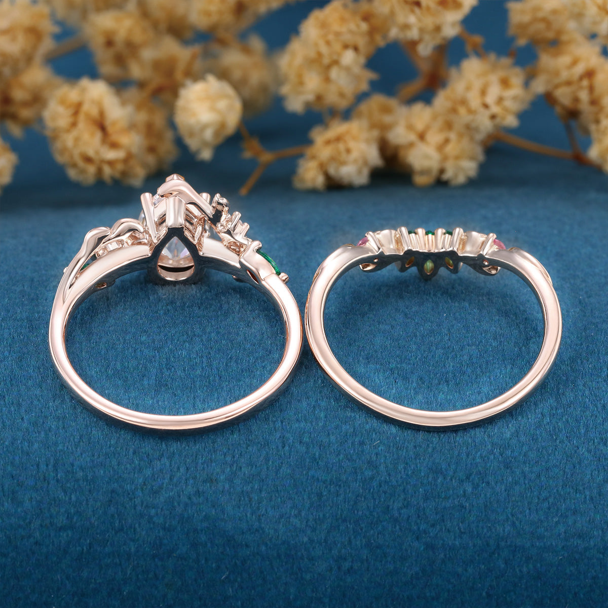 Pear Moissanite Engagement ring + Pink Sapphire | Lab Emerald Curved Wedding bridal set