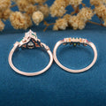 Pear Moissanite Engagement ring + Pink Sapphire | Lab Emerald Curved Wedding bridal set