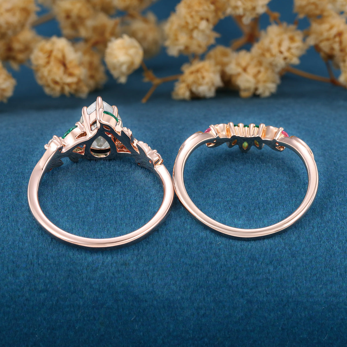 Pear Moissanite Engagement ring + Pink Sapphire | Lab Emerald Curved Wedding bridal set