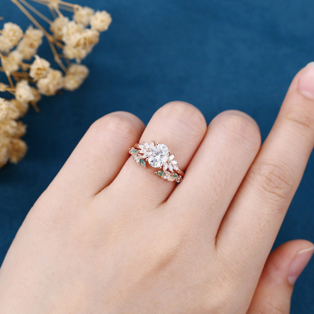 Oval cut Moissanite Engagement ring +Moss agate Wedding Bridal set