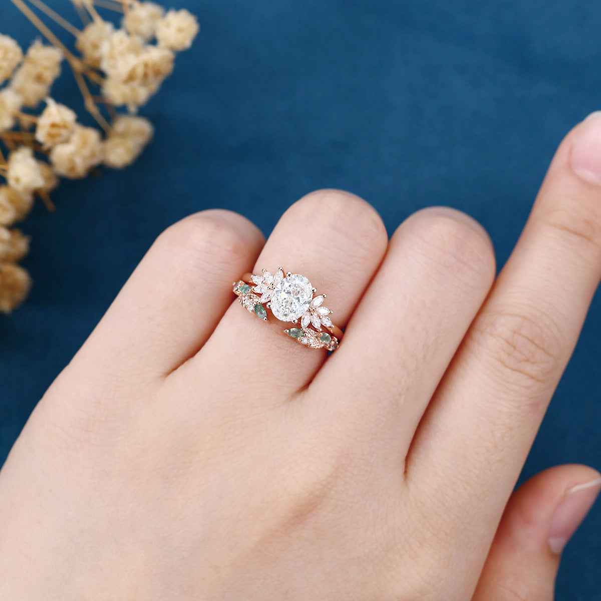 Oval cut Lab-Grown Diamond Engagement ring +Moss agate Wedding Bridal set