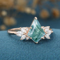 Kite Cut Natural Green Moss Agate Cluster Engagement Ring
