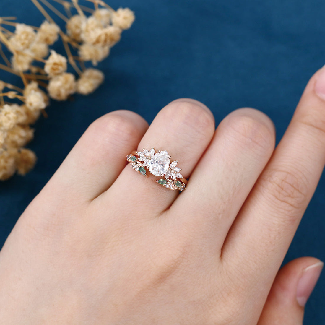 Pear cut Moissanite Engagement ring +Moss agate Wedding Bridal set