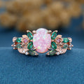Oval cut Lab Pink Opal + Moss agate Rose Gold Wedding Bridal Set