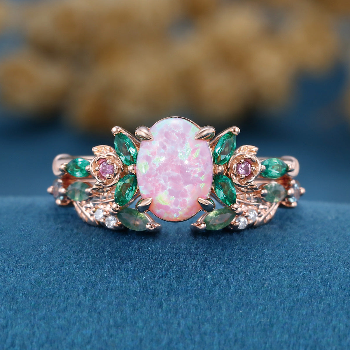 Oval cut Lab Pink Opal + Moss agate Rose Gold Wedding Bridal Set