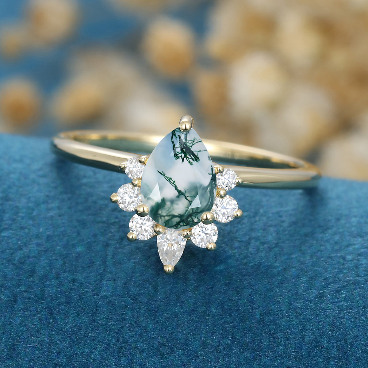 Pear Cut Natural Green Moss Agate Cluster Engagement Ring