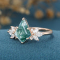 Kite Cut Natural Green Moss Agate Cluster Engagement Ring