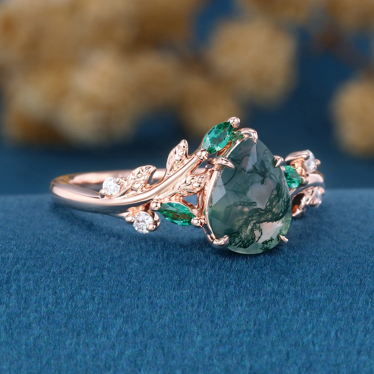 Pear cut Moss Agate + Lab Emerald Engagement Ring