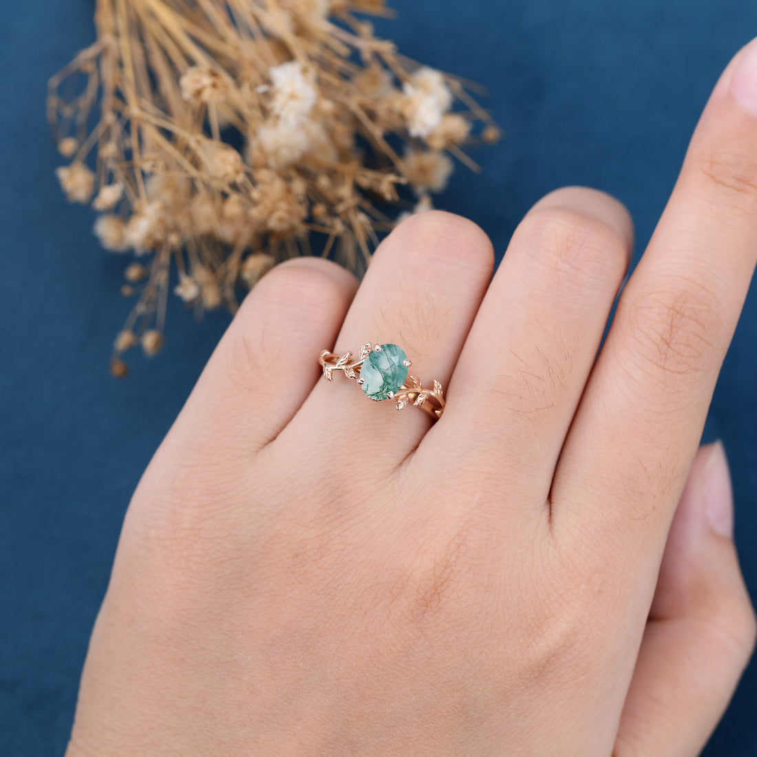 Oval Cut Natural Green Moss Agate Cluster Engagement Ring