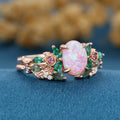 Oval cut Lab Pink Opal + Moss agate Rose Gold Wedding Bridal Set