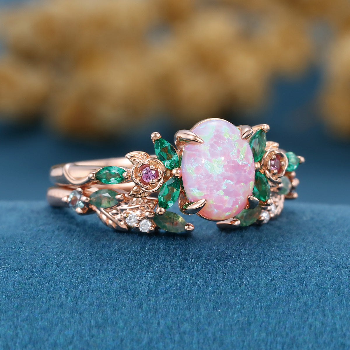 Oval cut Lab Pink Opal + Moss agate Rose Gold Wedding Bridal Set