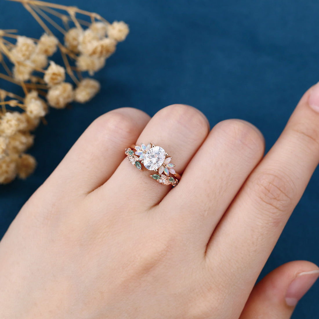 Oval cut Moissanite+ Opal Engagement ring Moss agate Wedding Bridal set