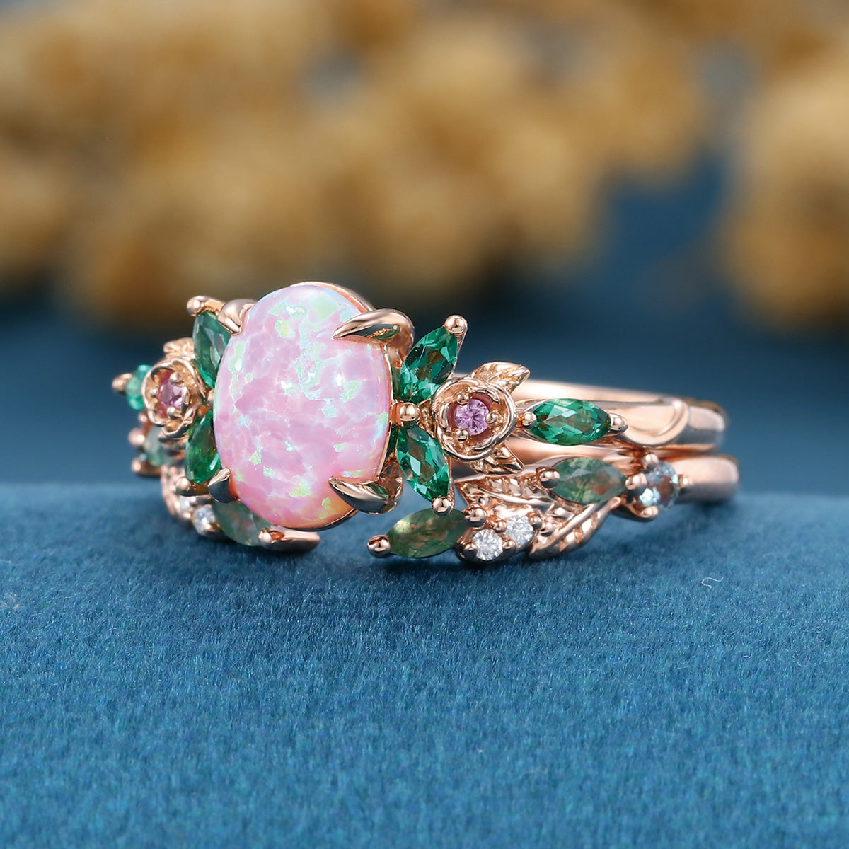 Oval cut Lab Pink Opal + Moss agate Rose Gold Wedding Bridal Set