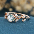 Nature Inspired Round cut Moss Agate Leaf Gold Engagement Ring