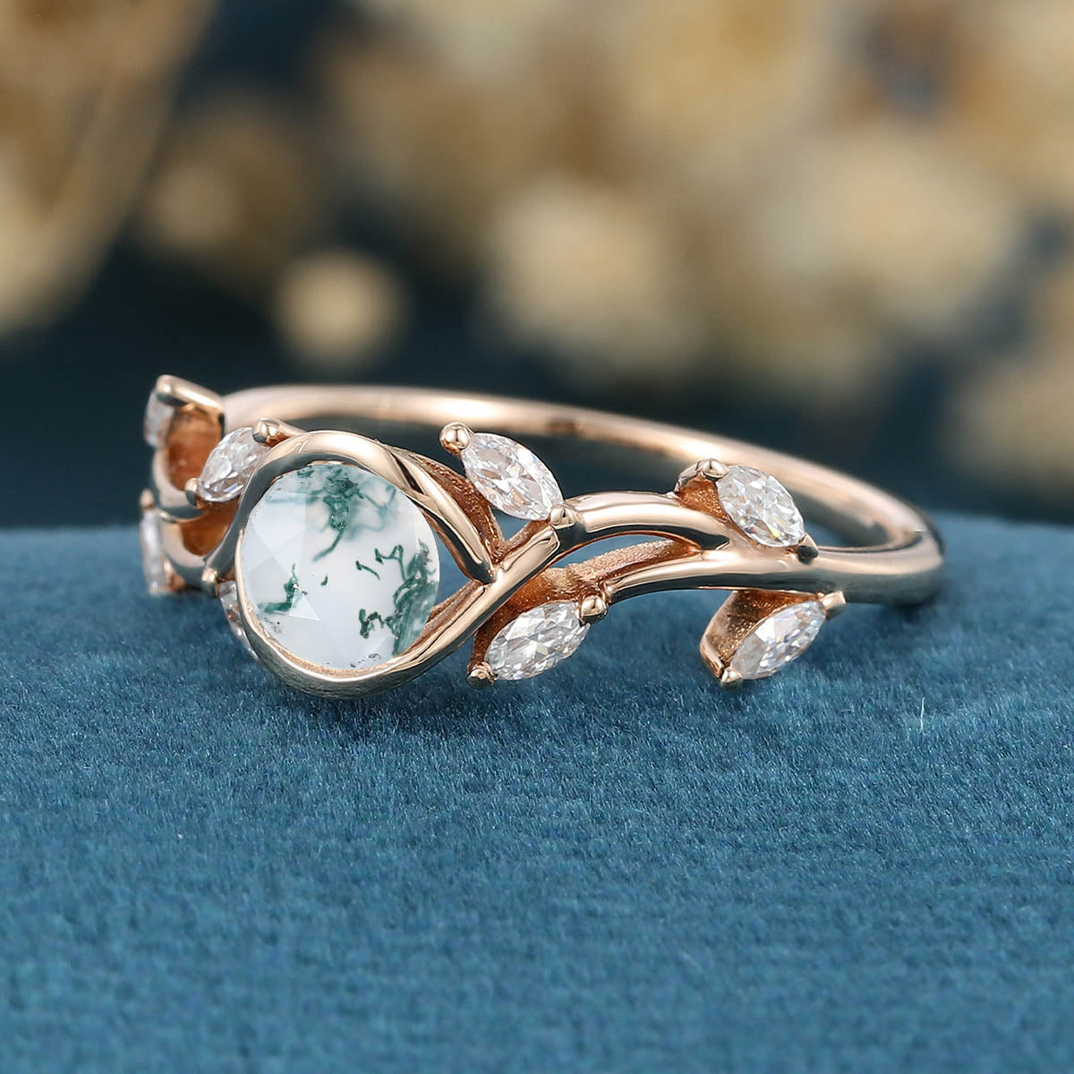 Nature Inspired Round cut Moss Agate Leaf Gold Engagement Ring